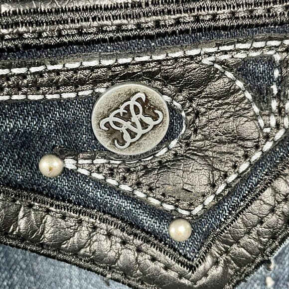 Vintage Y2K Grunge Straight Leg Mid-Rise Dark Wash Feathered Jeans 14 Leather - Picture 9 of 16